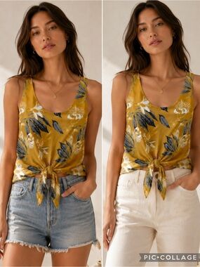 Babaton Aritzia Mustard Botanical Floral Tie Front Tank Top Small Stretch Crop